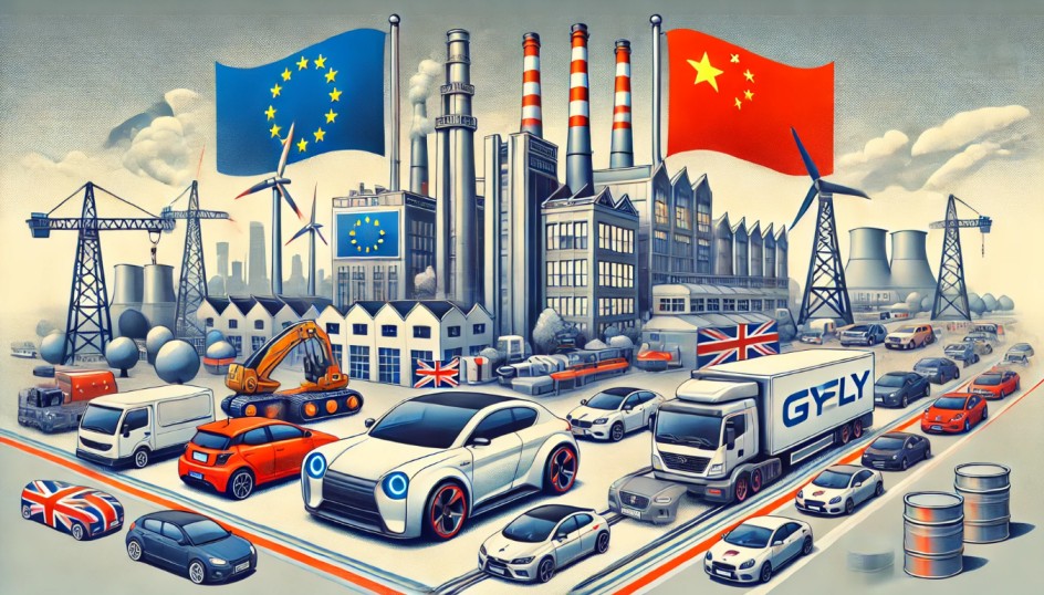 EU-s büntetővámok, EU-s és kínai zászló, alatta frissen gyártott autók, háttérben gyár. AI-generált kép.