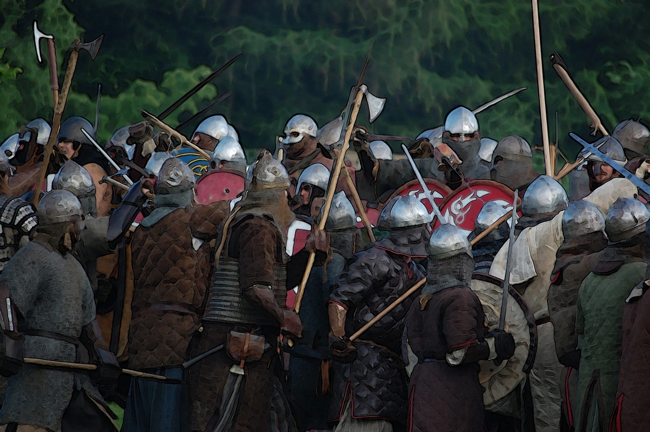 Középkori viking harcosok csoportja csatázik egy zöld mezőn, pajzsokkal, fejszékkel és kardokkal felszerelkezve, sisakban és páncélban.